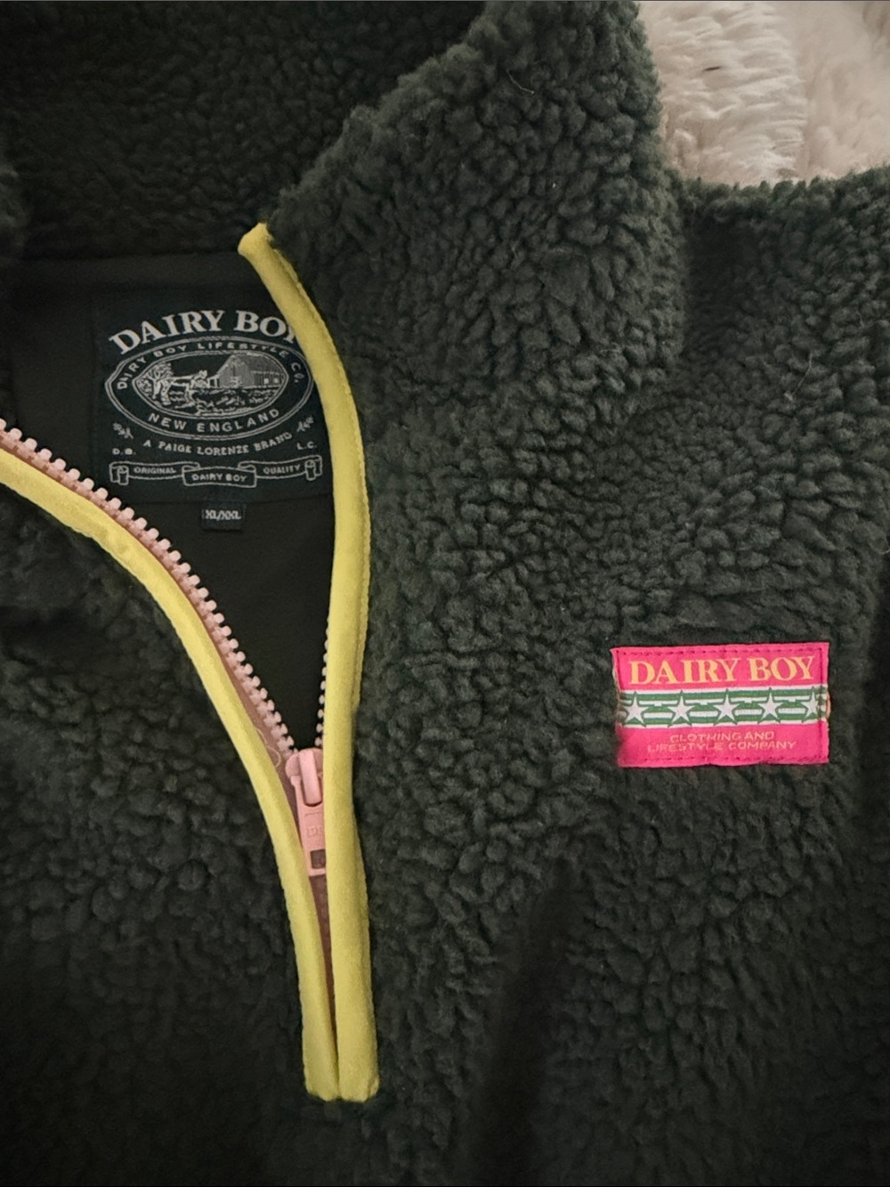 Dairy Boy Green Teddy Half-Zip Jacket with Yellow Trim